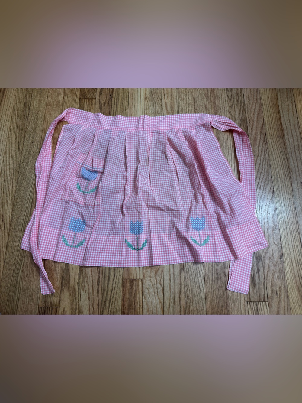 Pink gingham apron with embroiders tulips and pocket